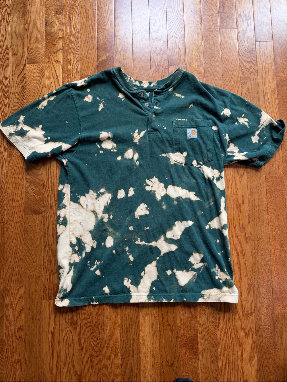 Carhartt Green and White Bleach-Effect Henley Pocket Tee